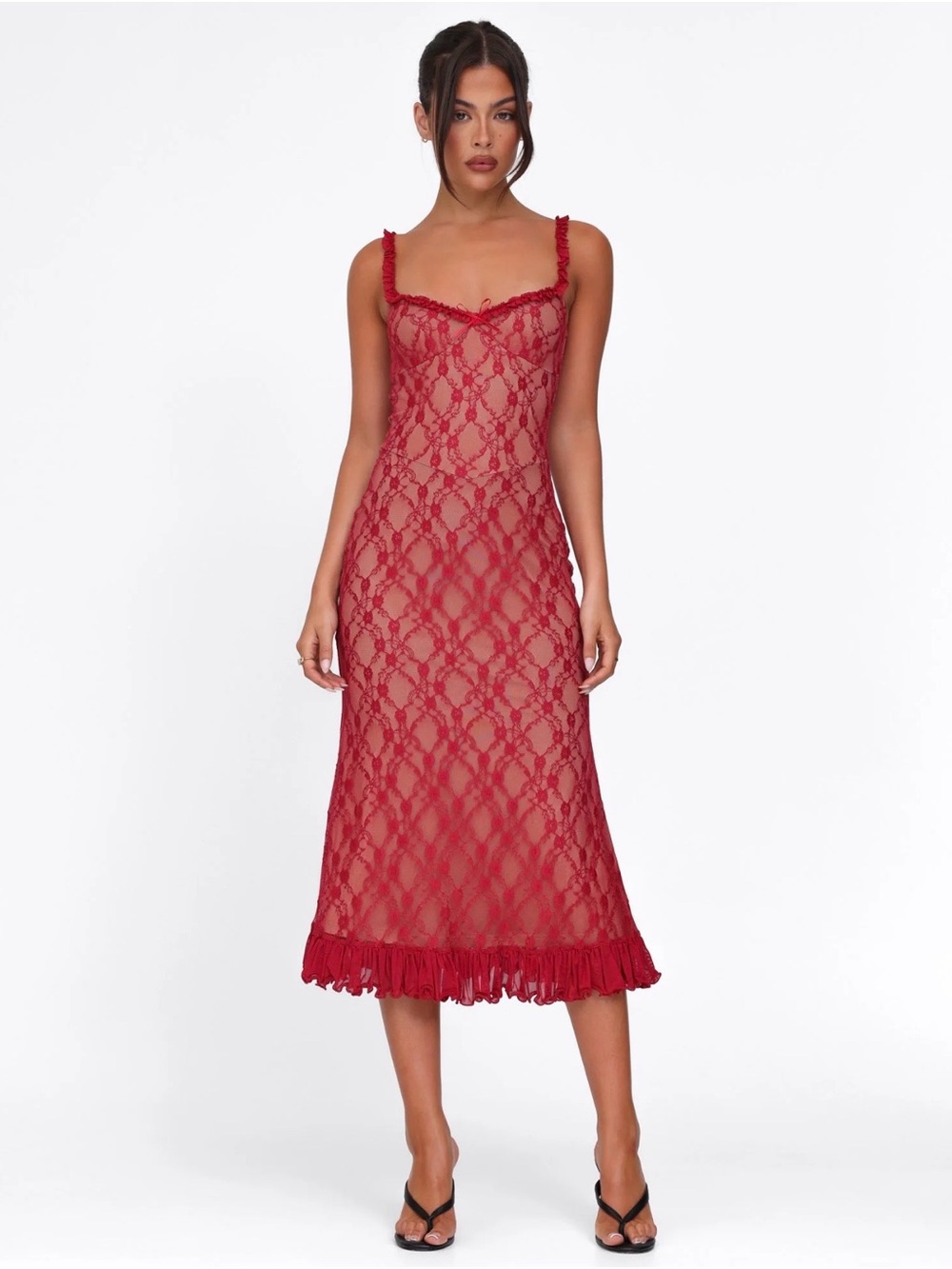Red Lace Midi Slip Dress - Women's